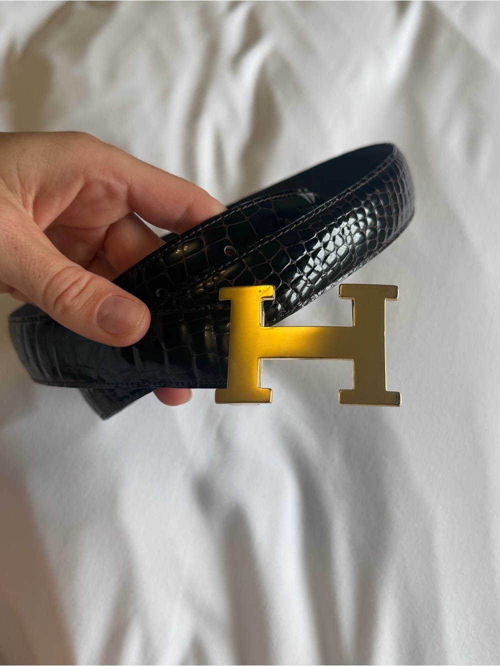 Stefano Bravo Brown Croc-Embossed Leather Belt with Gold H Buckle 40
